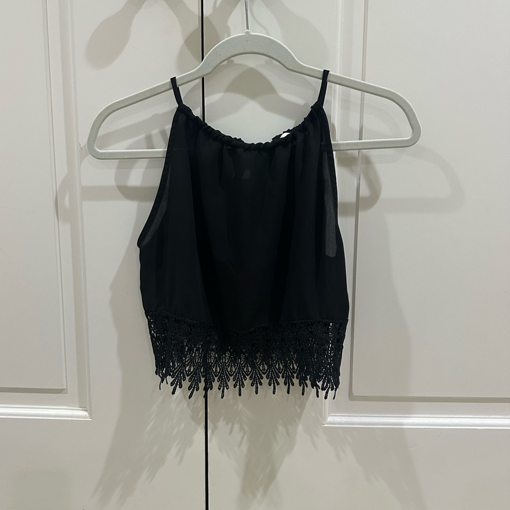 Elegant Sheer Black Lace Trim Crop Top